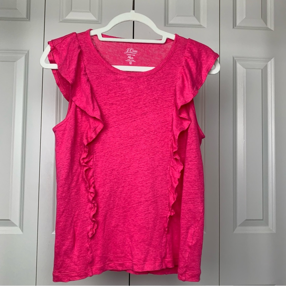 J. CREW 100% linen Hot Pink Ruffle Tee